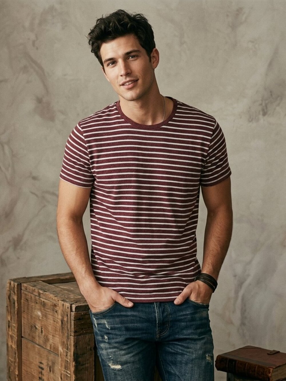 Banana Republic Men XL T-Shirt Burgundy Blue Striped Cotton Basic Retro Casual